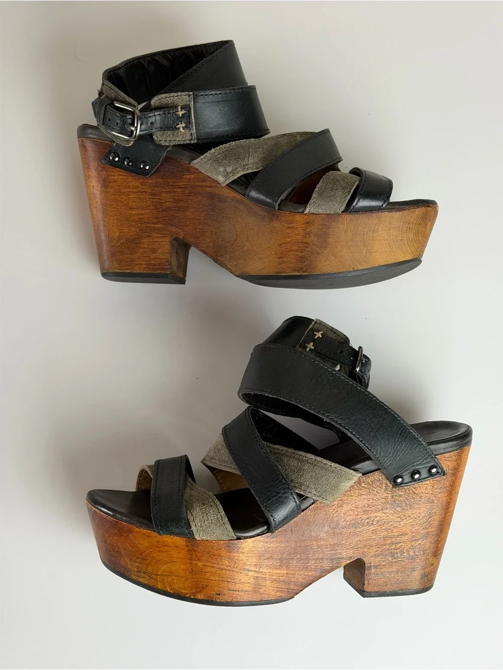 Rag & Bone Addington Leather Platform Wedge Sandals Black Wood Heel Women’s 7